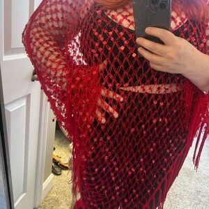 RED red poncho crochet HOLIDAY sequins amazing in the sun !! Sparkly!